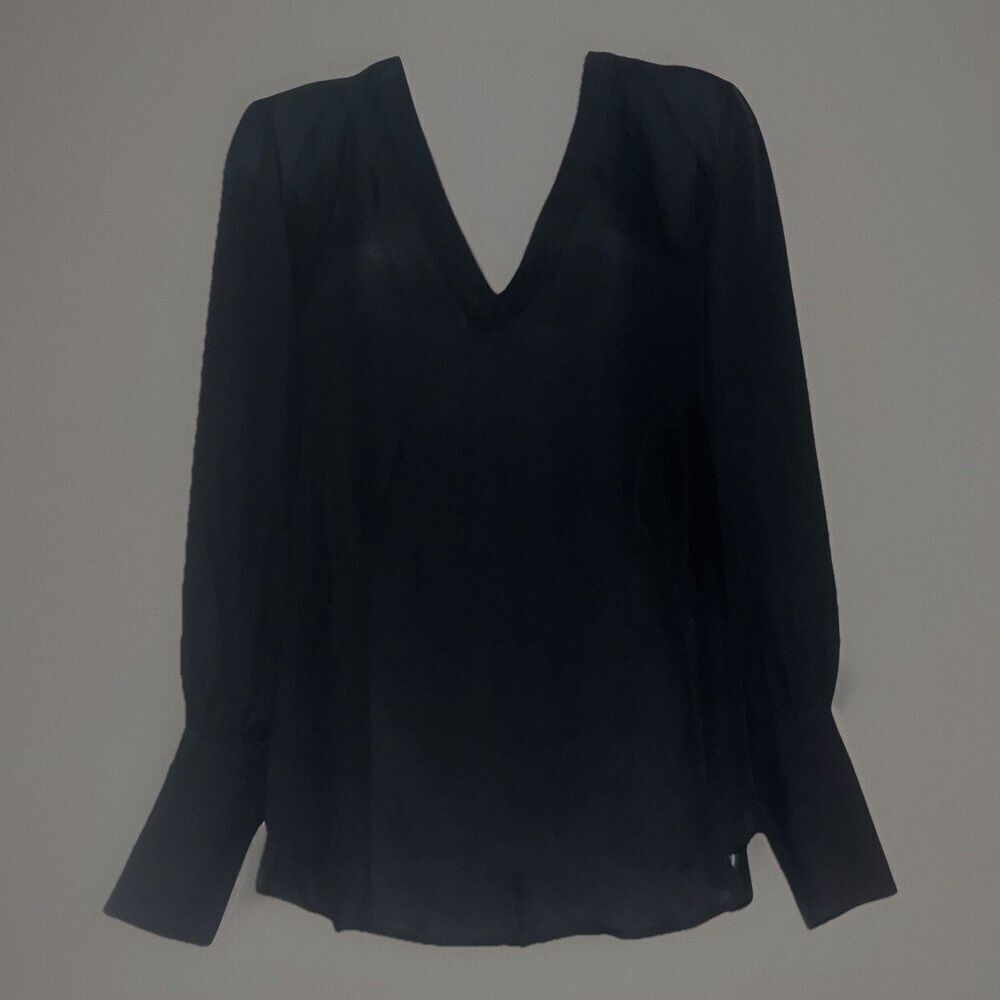 Nili Lotan (Small) Womens Silk Long Sleeve V Neck Sheer Blouse Black Minimalist